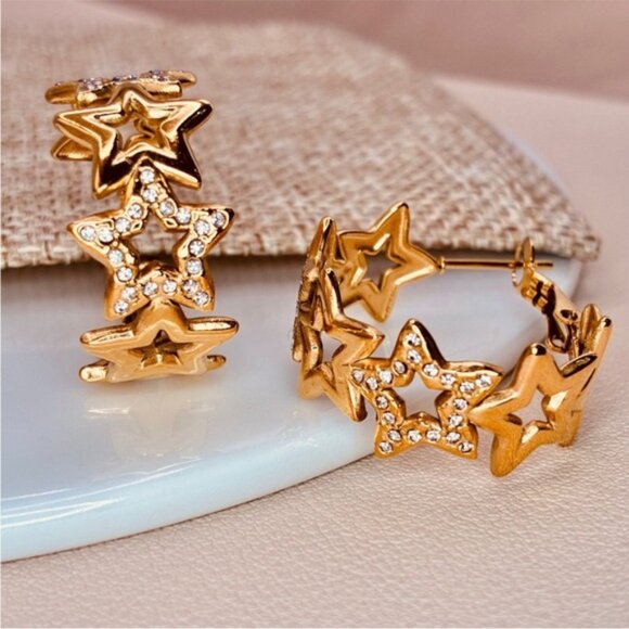 Free People Gold Star Pave CZ Statement Chunky Hoop Earrings - Picture 4 of 4